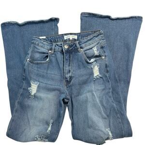 Almost Famous Distressed Denim 90's Flare Blue Jeans Sz 3 Bell Bottoms Stretch